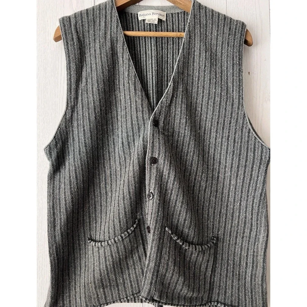 Vintage 90s Banana Republic Wool Knit Vest Men's Stripe Kurt Cobain Button Front